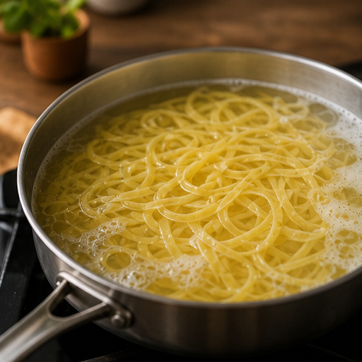 青醬豌豆蛋寬麵：煮乾蛋寬麵的料理狀態示意