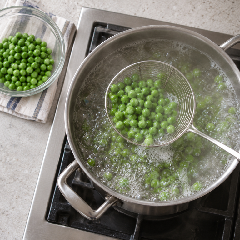 青醬豌豆蛋寬麵：先煮豌豆的料理狀態示意
