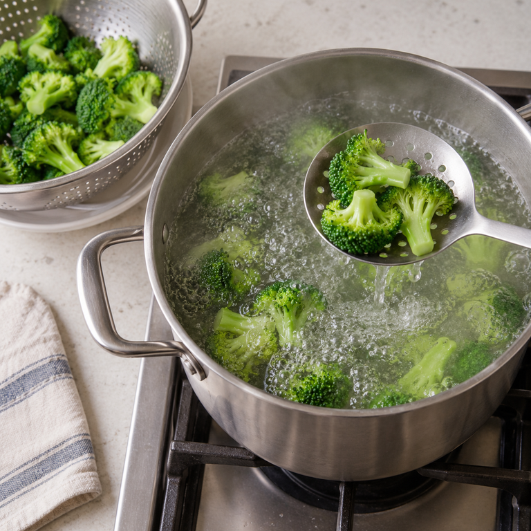 焦化奶油香草牛肉義式餃:先煮青花菜的料理狀態示意