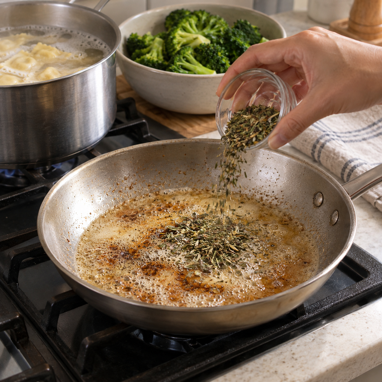 焦化奶油香草牛肉義式餃:焦化奶油的料理狀態示意