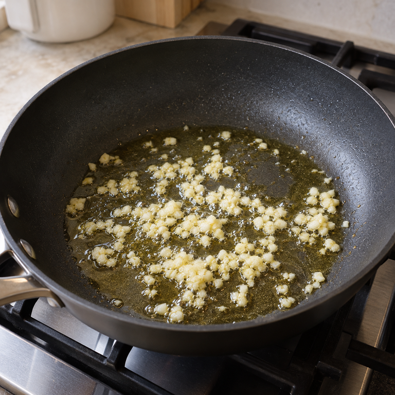 無麩質麵條青醬義大利麵(全菜標籤待核對):炒香蒜蓉的料理狀態示意