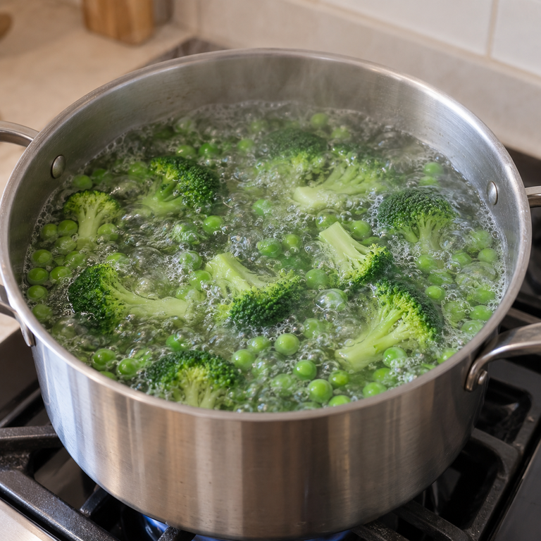 無麩質麵條青醬義大利麵(全菜標籤待核對):煮熟青花菜豌豆的料理狀態示意