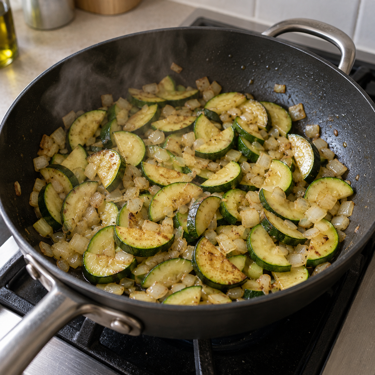 青醬牛肉義式餃焗烤:預熱並炒蔬菜的料理狀態示意