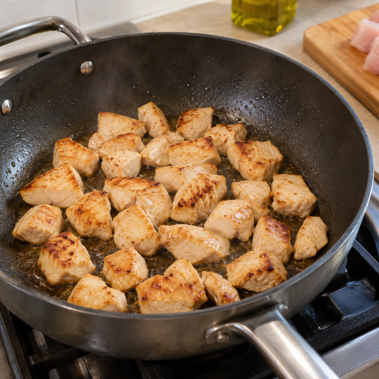 蜜糖醬油雞肉雙米碗：炒雞肉的料理狀態示意