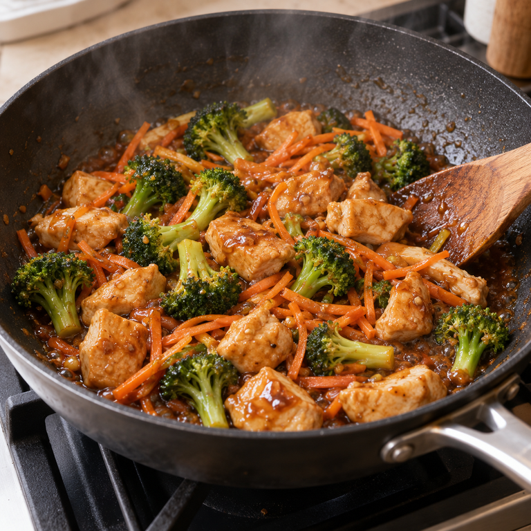 蜜糖醬油雞肉雙米碗：炒菜並收醬的料理狀態示意