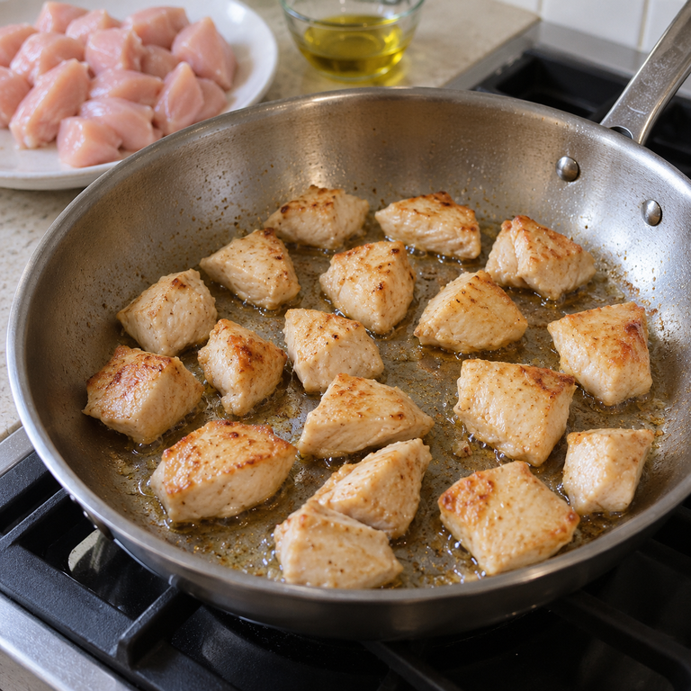 糖醋雞肉花椰菜飯碗：分批煎雞肉的料理狀態示意