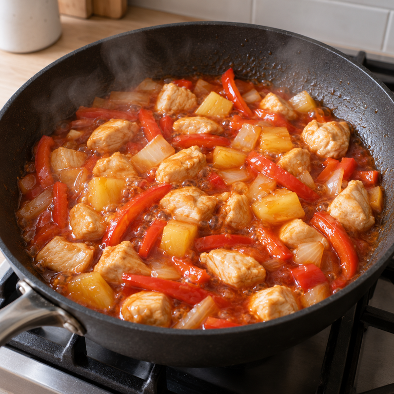 糖醋雞肉花椰菜飯碗：煮糖醋雞的料理狀態示意