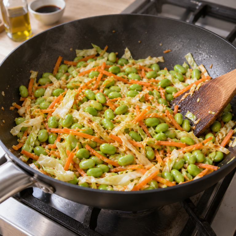 毛豆芝麻拌麵碗:溫熱毛豆的料理狀態示意