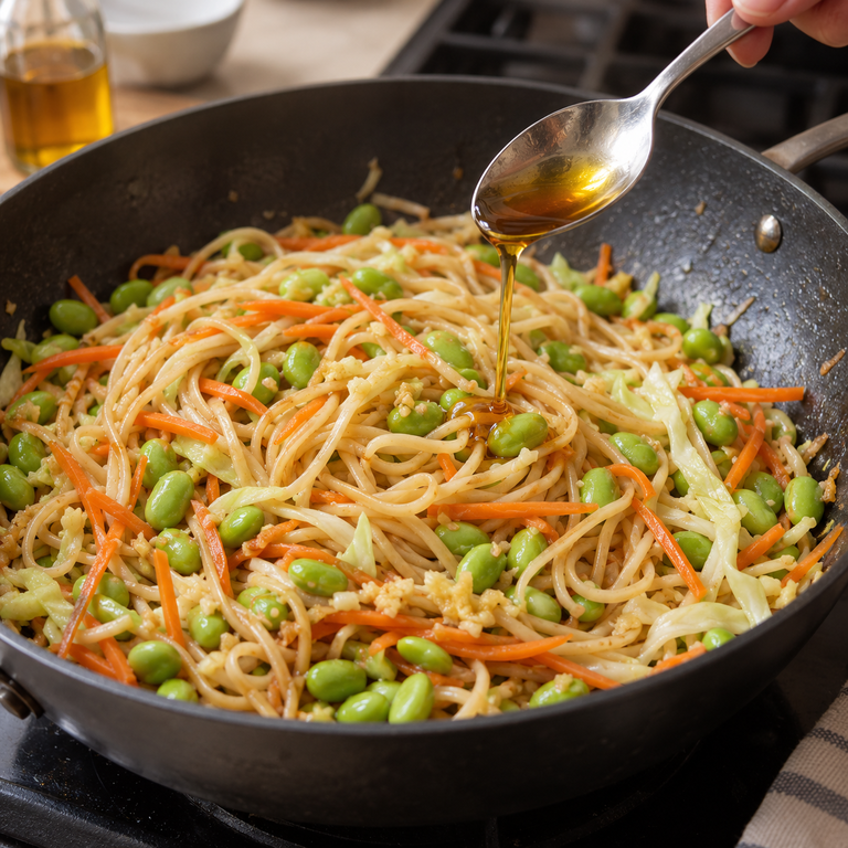 毛豆芝麻拌麵碗:拌麵與芝麻油的料理狀態示意