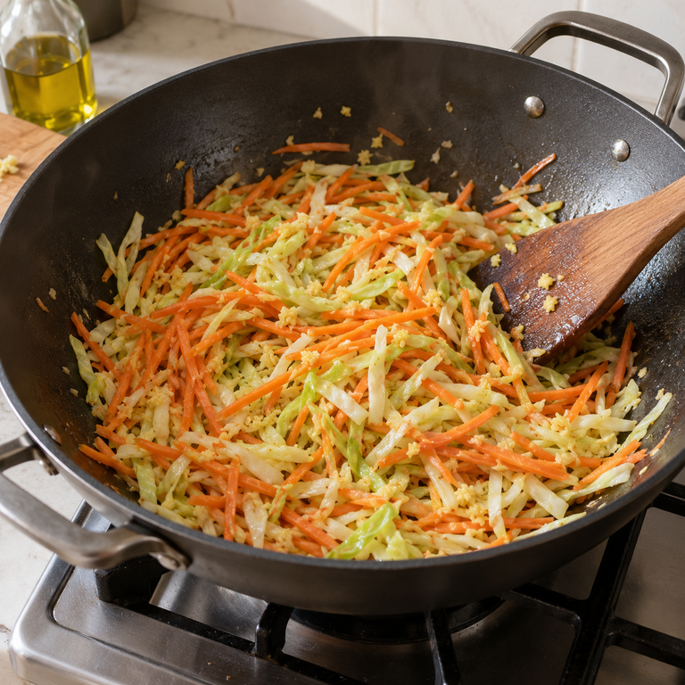 毛豆芝麻拌麵碗:炒薑香蔬菜的料理狀態示意