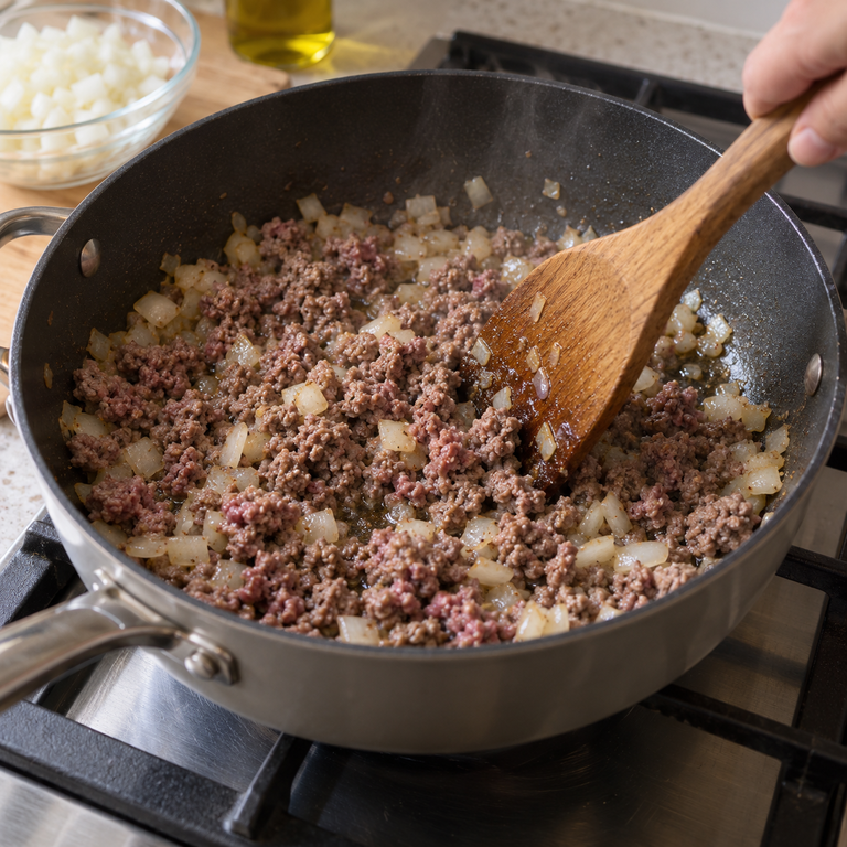 醬油蒜香袋鼠肉飯碗：炒洋蔥絞肉的料理狀態示意