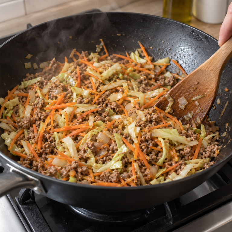 醬油蒜香袋鼠肉飯碗：炒熟肉菜的料理狀態示意