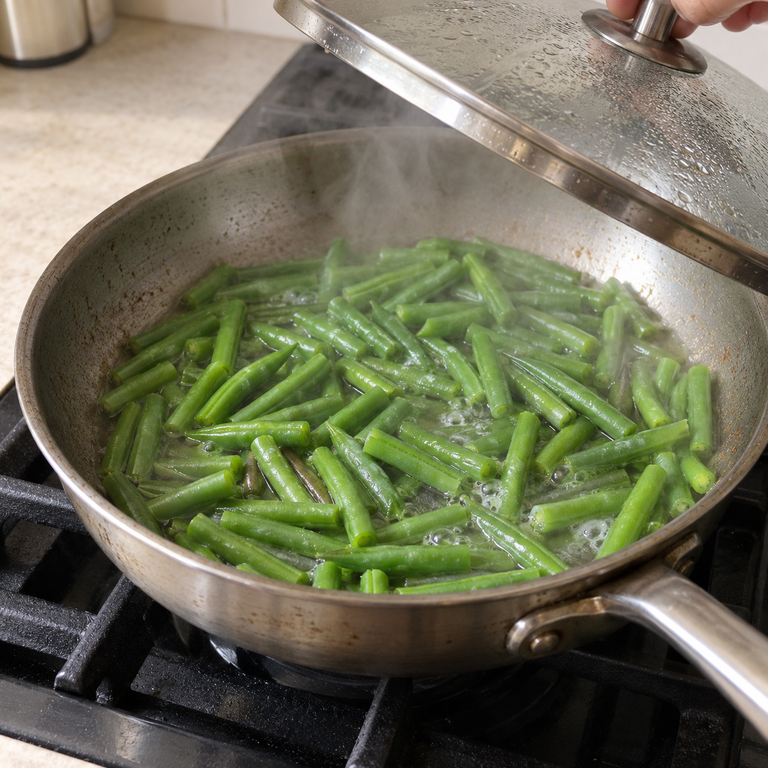 蒜香香草袋鼠肉馬鈴薯碗:蒸炒四季豆的料理狀態示意