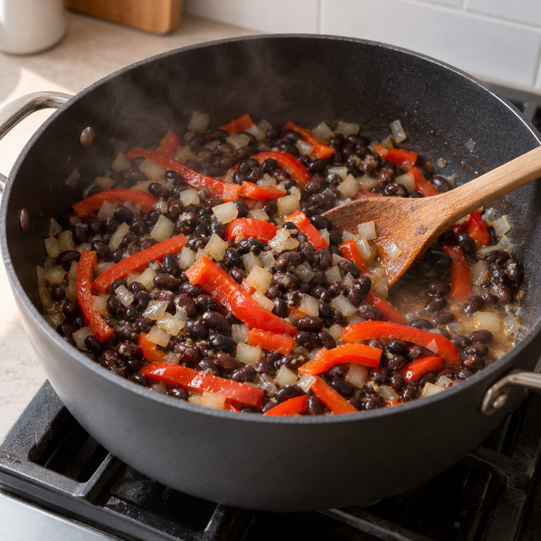 黑豆菲達珍珠穀粒碗:炒甜椒黑豆的料理狀態示意