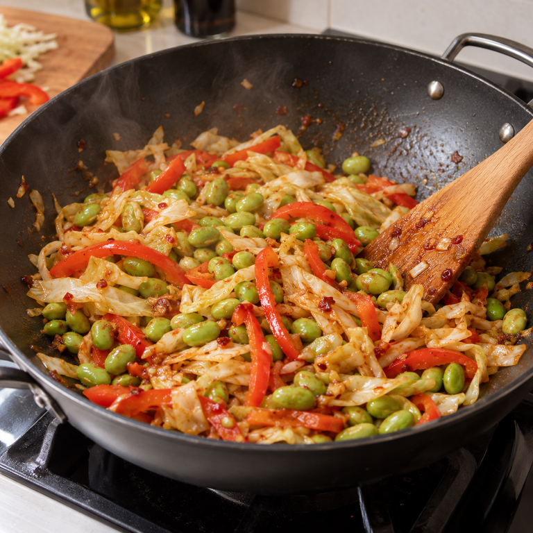 辣味毛豆蔬菜麵碗:加入毛豆和辣醬的料理狀態示意
