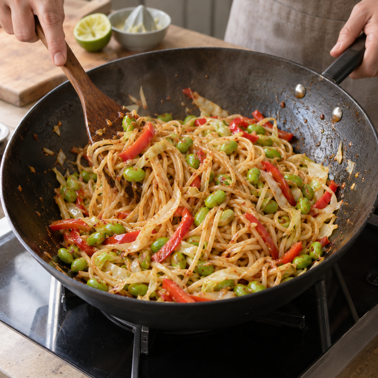 辣味毛豆蔬菜麵碗:拌麵調辣的料理狀態示意