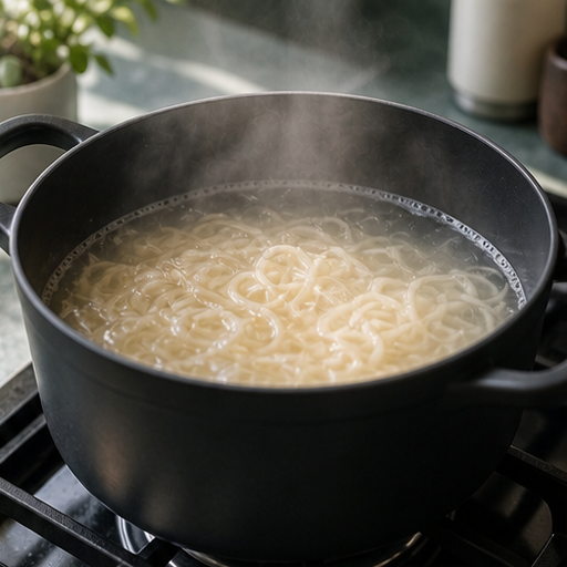 辣味毛豆蔬菜麵碗:煮乾麵的料理狀態示意