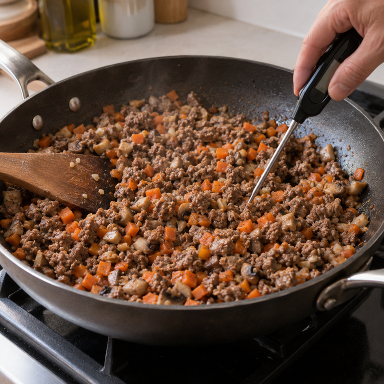 袋鼠肉生菜杯：調味並測溫的料理狀態示意