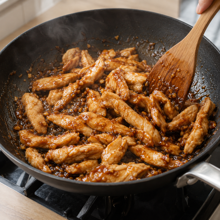 蜜糖醬油雞肉捲:炒雞肉的料理狀態示意