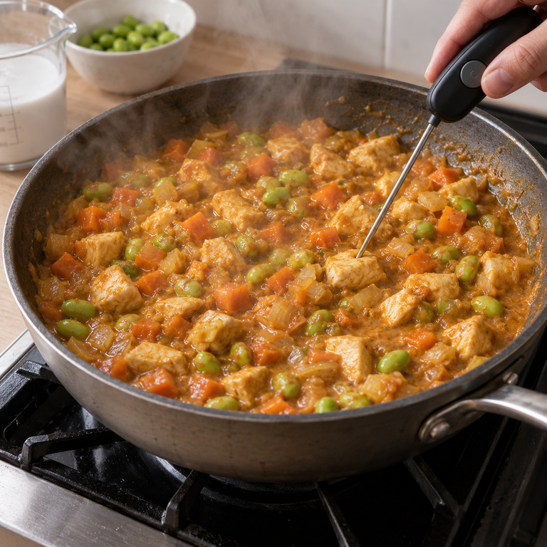 瑪莎曼雞肉毛豆生菜杯：煮熟咖哩醬的料理狀態示意