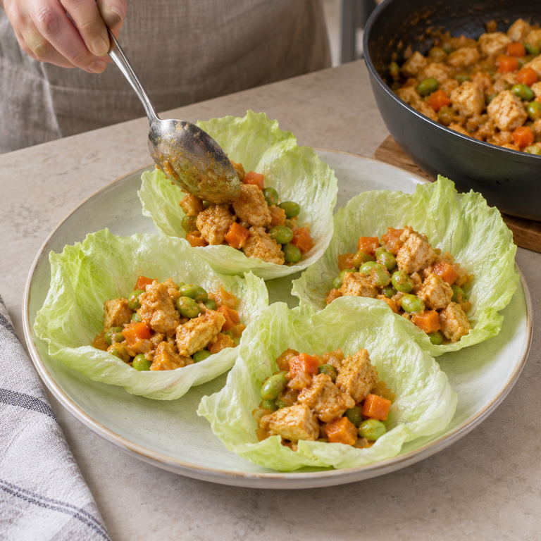 瑪莎曼雞肉毛豆生菜杯：分裝的料理狀態示意