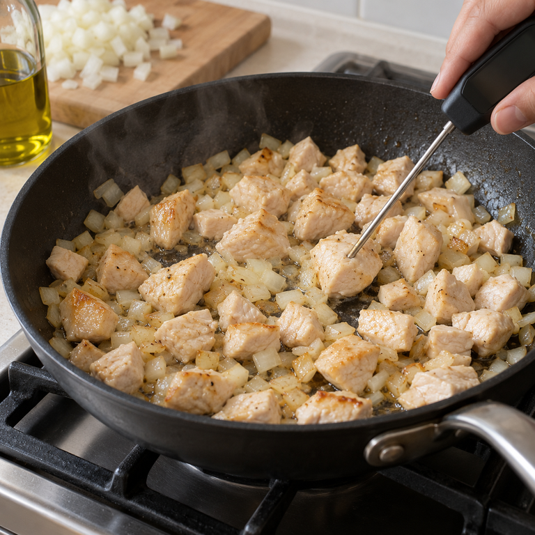 白醬雞肉焗通心麵:炒熟雞肉的料理狀態示意