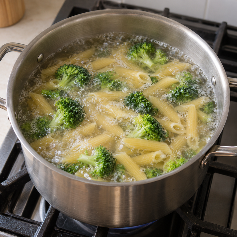 白醬雞肉焗通心麵:煮麵與青花菜的料理狀態示意