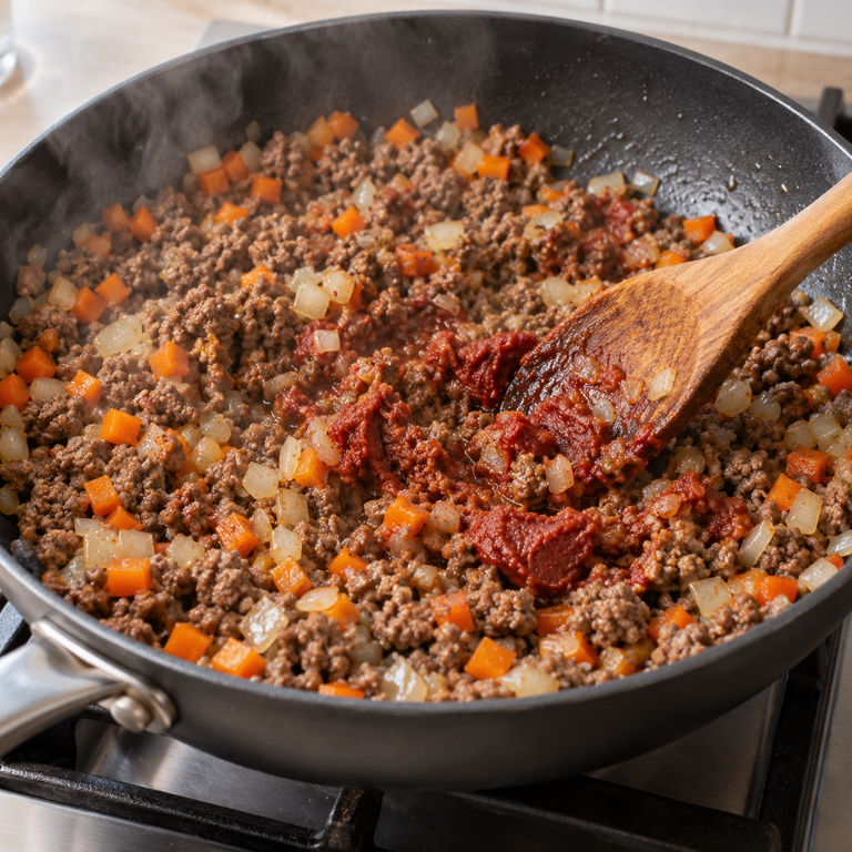 袋鼠絞肉薯泥派：炒熟肉蔬的料理狀態示意