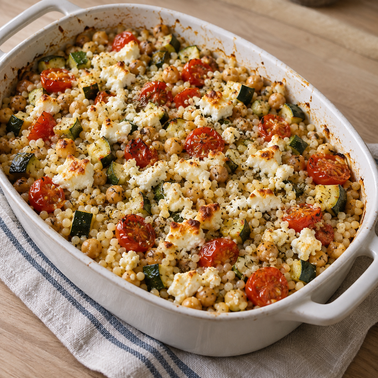 菲達香草珍珠庫斯庫斯焗烤：短烤上桌的料理狀態示意