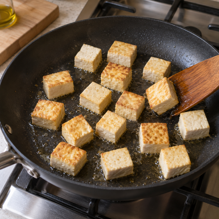 糖醋豆腐黑豆焗飯：煎豆腐的料理狀態示意