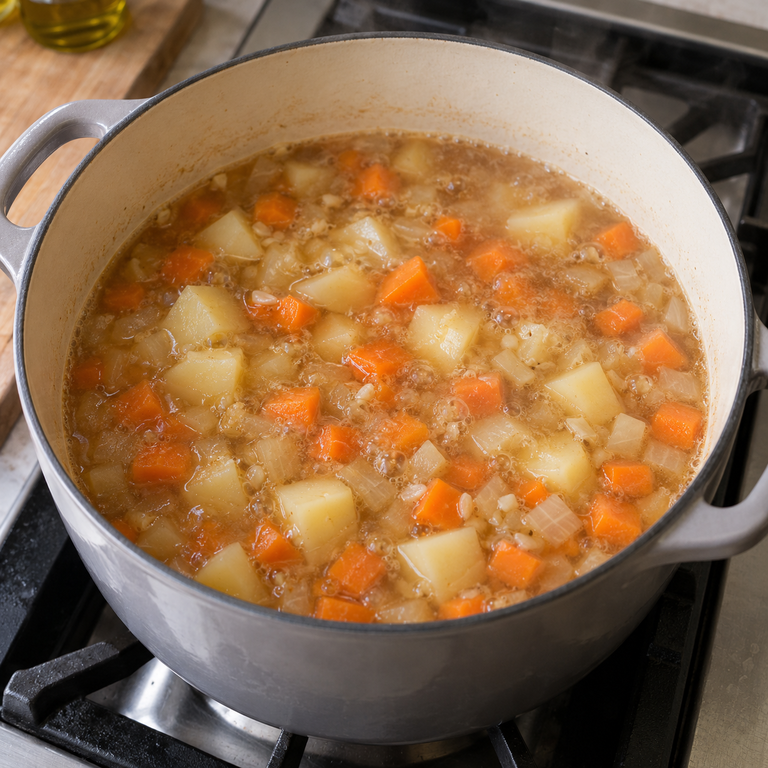 蒜香黑豆奶油濃湯：煮軟蔬菜的料理狀態示意