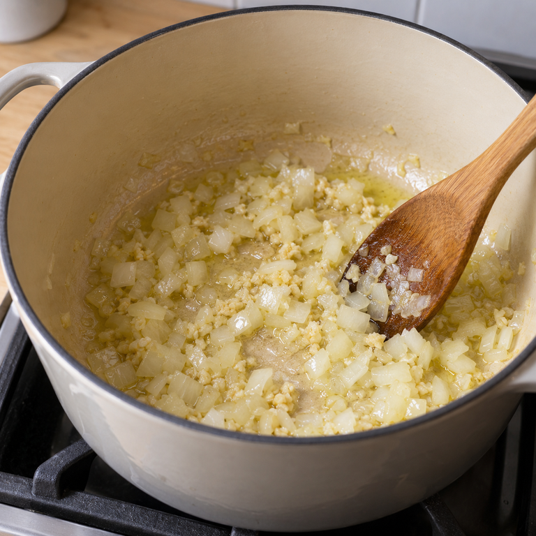 蒜香黑豆奶油濃湯：炒香洋蔥蒜泥的料理狀態示意