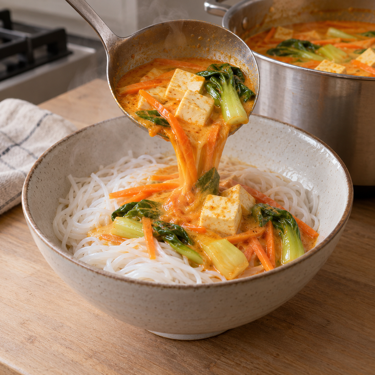 紅咖哩豆腐米線湯：沖入湯汁的料理狀態示意