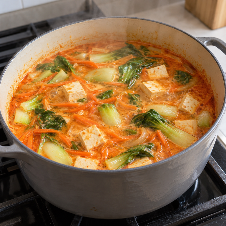 紅咖哩豆腐米線湯：煮豆腐蔬菜湯的料理狀態示意