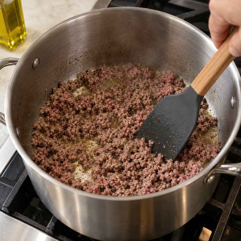 牛高湯黑胡椒袋鼠肉義麵湯：炒袋鼠絞肉的料理狀態示意