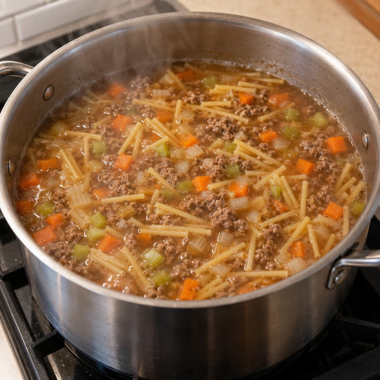 牛高湯黑胡椒袋鼠肉義麵湯：煮肉末義麵湯的料理狀態示意