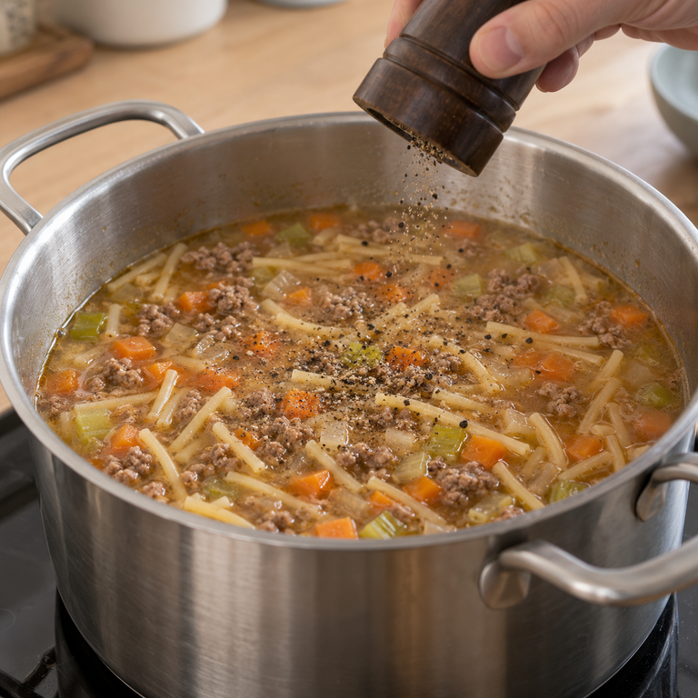 牛高湯黑胡椒袋鼠肉義麵湯：加黑胡椒上桌的料理狀態示意