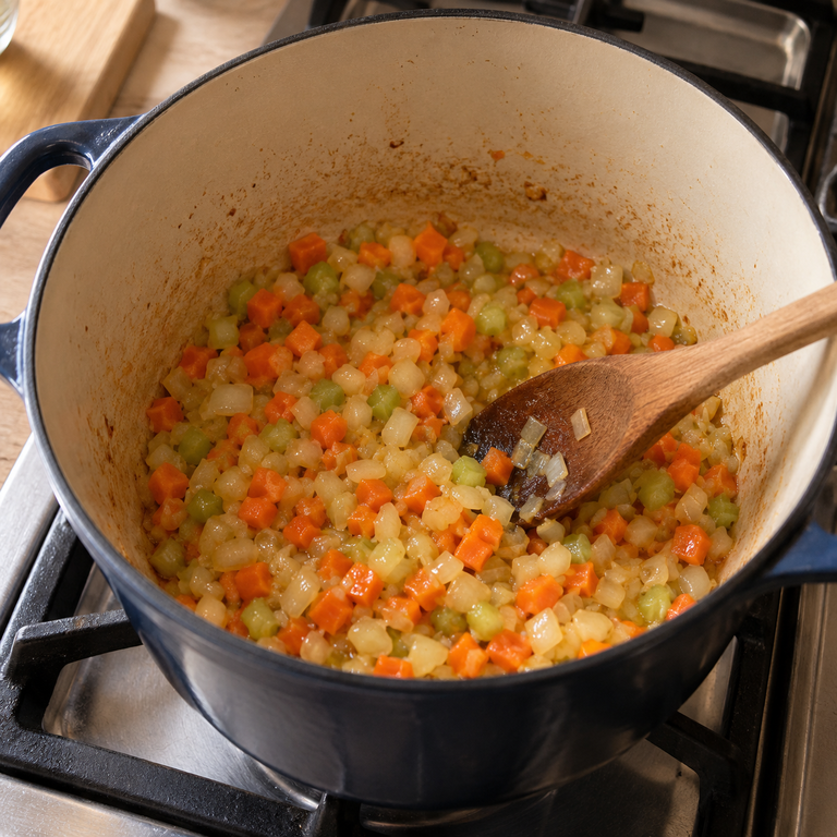 牛高湯黑胡椒袋鼠肉義麵湯：炒蔬菜的料理狀態示意