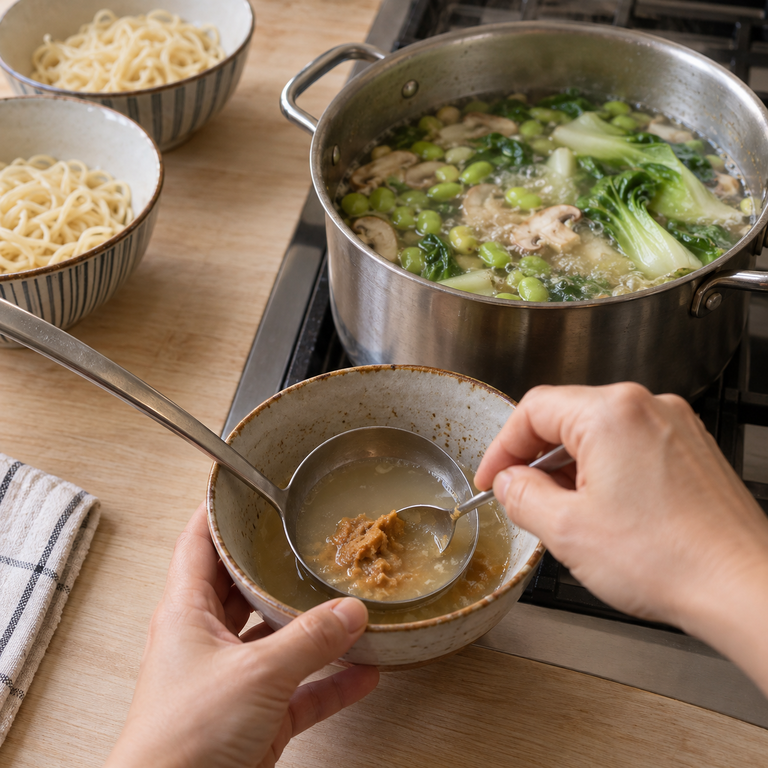 毛豆味噌湯麵:化開味噌分碗的料理狀態示意