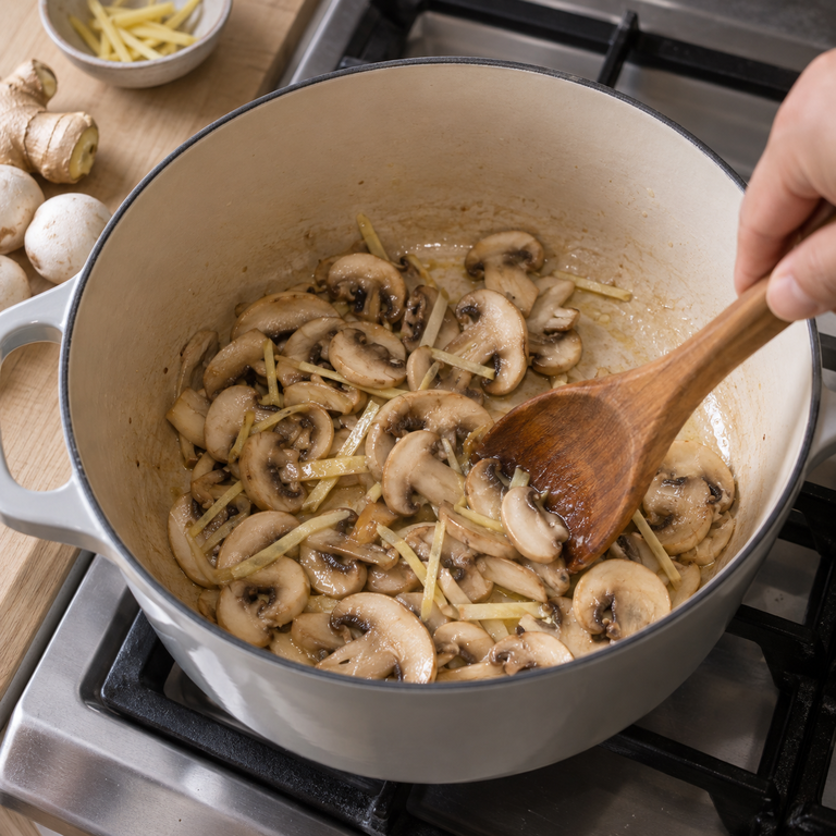 毛豆味噌湯麵:炒香菇薑的料理狀態示意