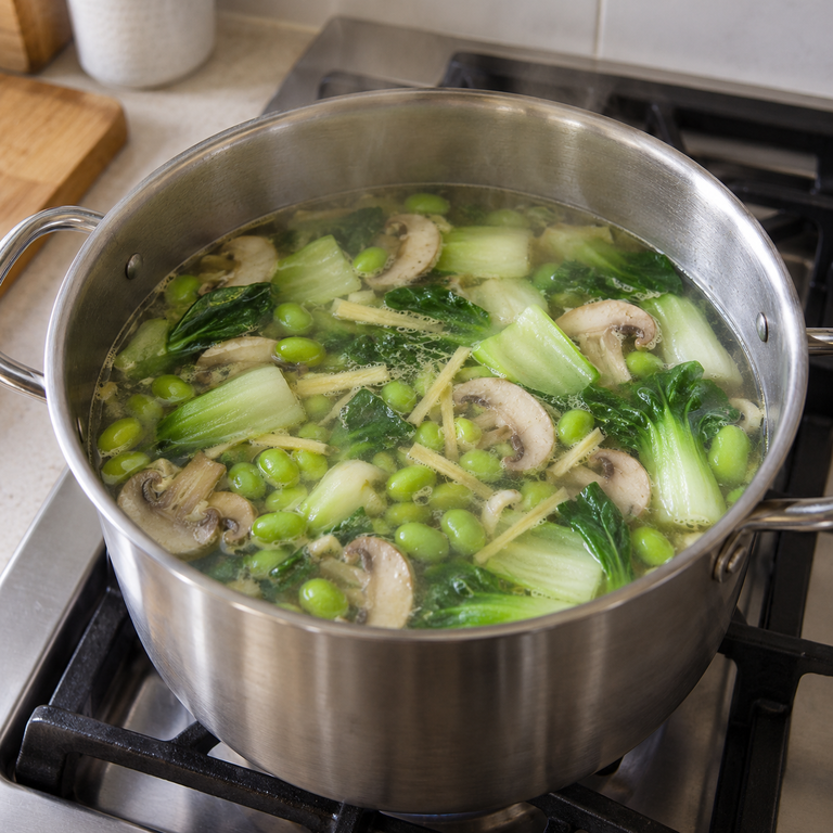 毛豆味噌湯麵:加湯煮毛豆青菜的料理狀態示意