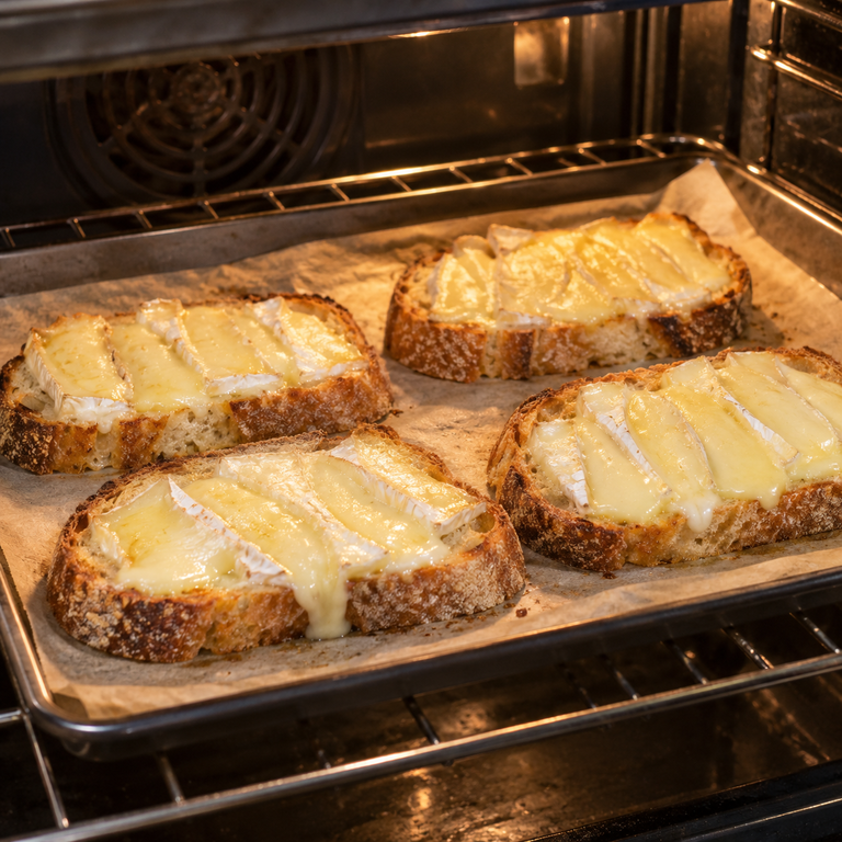 布里起司酸黃瓜酸種吐司：融化布里起司的料理狀態示意